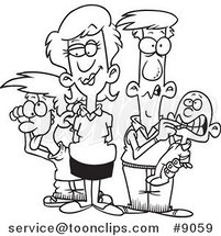 Cartoon Black and White Line Drawing of a Silly Family by Toonaday