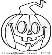 Cartoon Black and White Line Drawing of a Happy Jackolantern by Toonaday