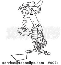 Cartoon Black and White Line Drawing of a Baseball Catcher by Toonaday