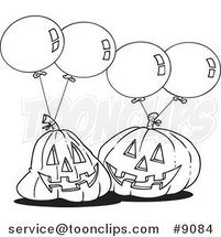 Cartoon Black and White Line Drawing of Jackolanterns and Party Balloons by Toonaday