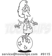 Cartoon Black and White Line Drawing of a Business Woman Trying to Balance on a Ball by Toonaday