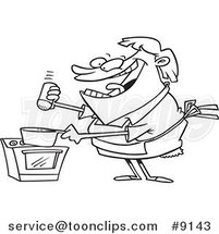 Cartoon Black and White Line Drawing of a Cooking Lady Seasoning with Salt by Toonaday