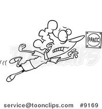 Cartoon Black and White Line Drawing of a Lady Pushing a Panic Button by Toonaday