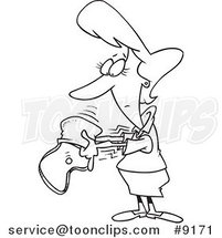 Cartoon Black and White Line Drawing of a Lady Dumping a Coin out of Her Purse by Toonaday