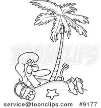 Cartoon Black and White Line Drawing of a Lady Buried in Sand Under a Palm Tree by Toonaday