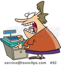Cartoon Stressed out Clerk Lady at a Cash Register in a Store by Toonaday