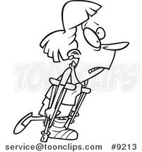 Cartoon Black and White Line Drawing of a Lady Using Crutches by Toonaday