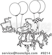 Cartoon Black and White Line Drawing of a Birthday Party Lady by Toonaday