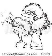 Cartoon Black and White Line Drawing of a Lady Cutting Hair at a Salon by Toonaday