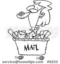 Cartoon Black and White Line Drawing of a Lady in a Mail Cart by Toonaday