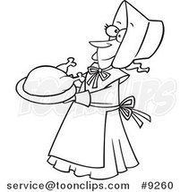 Cartoon Black and White Line Drawing of a Lady Pilgrim Serving a Turkey by Toonaday