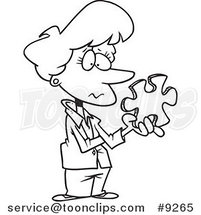Cartoon Black and White Line Drawing of a Business Woman Holding a Puzzle Piece by Toonaday
