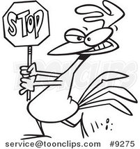 Cartoon Black and White Line Drawing of a Rooster Carrying a Stop Sign by Toonaday