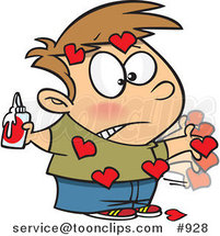 Cartoon Messy Boy with Valentine Hearts Glued All over His Body by Toonaday