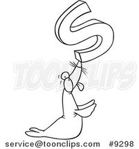 Cartoon Black and White Line Drawing of a Seal Holding up the Letter S by Toonaday
