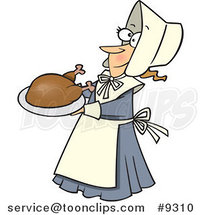 Cartoon Lady Pilgrim Serving a Turkey by Toonaday