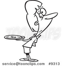 Cartoon Black and White Line Drawing of a Hungry Lady Holding a Plate with Three Peas by Toonaday