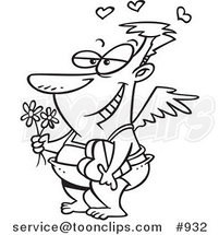 Cartoon Line Art Design of a Romantic Cupid Holding a Box of Valentine Candy and Flowers by Toonaday