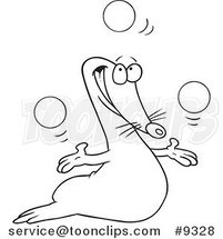 Cartoon Black and White Line Drawing of a Juggling Seal by Toonaday