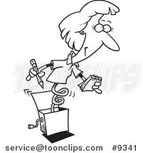 Cartoon Black and White Line Drawing of a Secretary Jack in the Box by Toonaday