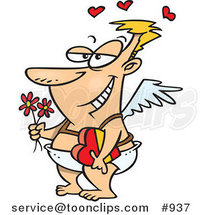 Cartoon Romantic Cupid Holding a Box of Valentine Candy and Flowers by Toonaday