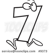 Cartoon Black and White Line Drawing of a Number Seven 7 Character by Toonaday