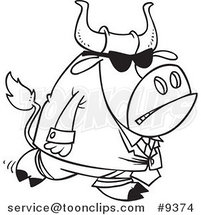 Cartoon Black and White Line Drawing of a Security Bull by Toonaday