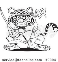 Cartoon Black and White Line Drawing of a Samurai Tiger with a Sword by Toonaday