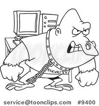 Cartoon Black and White Line Drawing of a Computer Security Gorilla by Toonaday