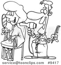Cartoon Black and White Line Drawing of a Guy Working on a Female Client at a Salon by Toonaday