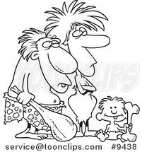 Cartoon Black and White Line Drawing of a Caveman Dad, Mom and Son by Toonaday