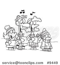 Cartoon Black and White Line Drawing of a Family Singing Christmas Carols by Toonaday