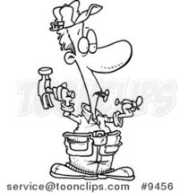 Cartoon Black and White Line Drawing of a Carpenter Holding Nails in His Teeth by Toonaday