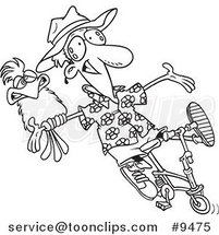 Cartoon Black and White Line Drawing of a Carefree Guy on a Bike with a Parrot by Toonaday