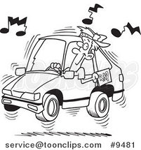 Cartoon Black and White Line Drawing of a Guy Blaring Rap Music in His Car by Toonaday