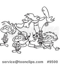 Cartoon Black and White Line Drawing of a Caveman Family by Toonaday