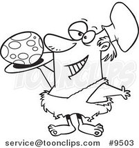 Cartoon Black and White Line Drawing of a Caveman Chef Serving an Egg by Toonaday