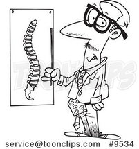 Cartoon Black and White Line Drawing of a Chiropractor by a Spine Chart by Toonaday