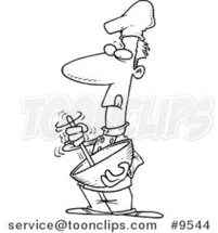 Cartoon Black and White Line Drawing of a Chef Using a Mixing Bowl by Toonaday