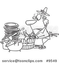 Cartoon Black and White Line Drawing of a Guy Washing Dishes in a Barrel by Toonaday