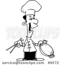 Cartoon Black and White Line Drawing of a Chinese Chef by Toonaday