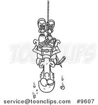 Cartoon Black and White Line Drawing of a Climber Suspended from Rope by Toonaday