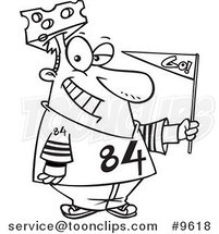 Cartoon Black and White Line Drawing of a Cheese Head Sports Fan by Toonaday