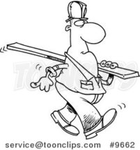 Cartoon Black and White Line Drawing of a Construction Worker Carrying a Wood Slat by Toonaday
