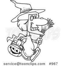 Cartoon Line Art Design of a Halloween Witch Girl Carrying a Pumpkin Basket by Toonaday