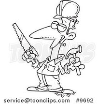 Cartoon Black and White Line Drawing of a Construction Guy Holding a Hammer and Saw by Toonaday