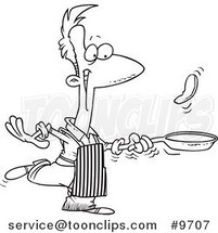 Cartoon Black and White Line Drawing of a Guy Flipping Pancakes by Toonaday