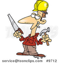 Cartoon Construction Guy Holding a Hammer and Saw by Toonaday