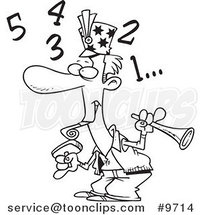 Cartoon Black and White Line Drawing of a New Year Guy Counting down by Toonaday