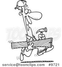Cartoon Black and White Line Drawing of a Construction Guy Carrying a Board by Toonaday